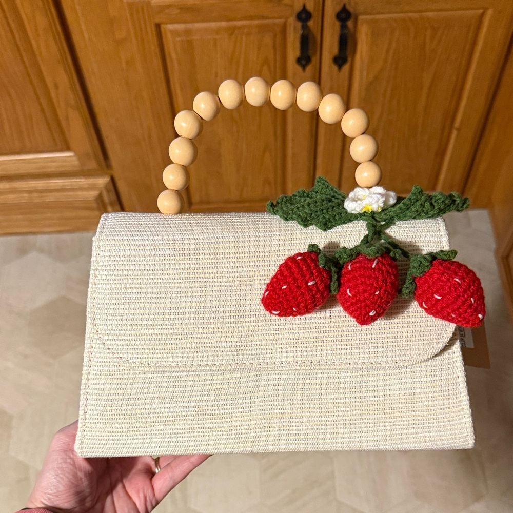 Strawberry Embellished Cream Handbag